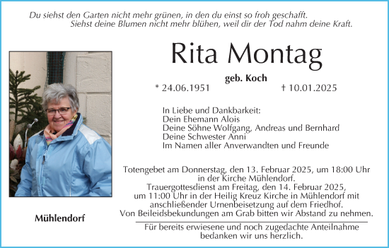 Anzeige von Rita Montag von MGO