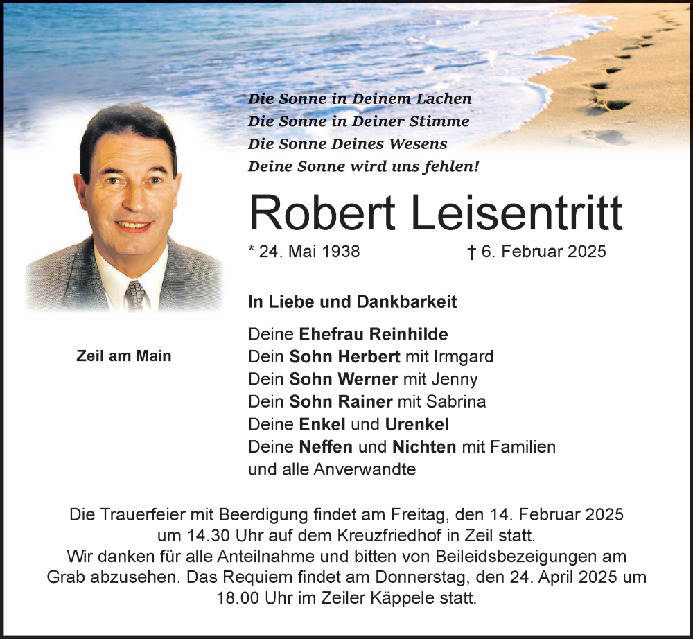  Traueranzeige für Robert Leisentritt vom 12.02.2025 aus MGO