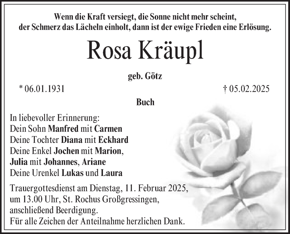  Traueranzeige für Rosa Kräupl vom 08.02.2025 aus MGO
