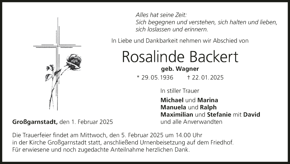  Traueranzeige für Rosalinde Backert vom 01.02.2025 aus MGO