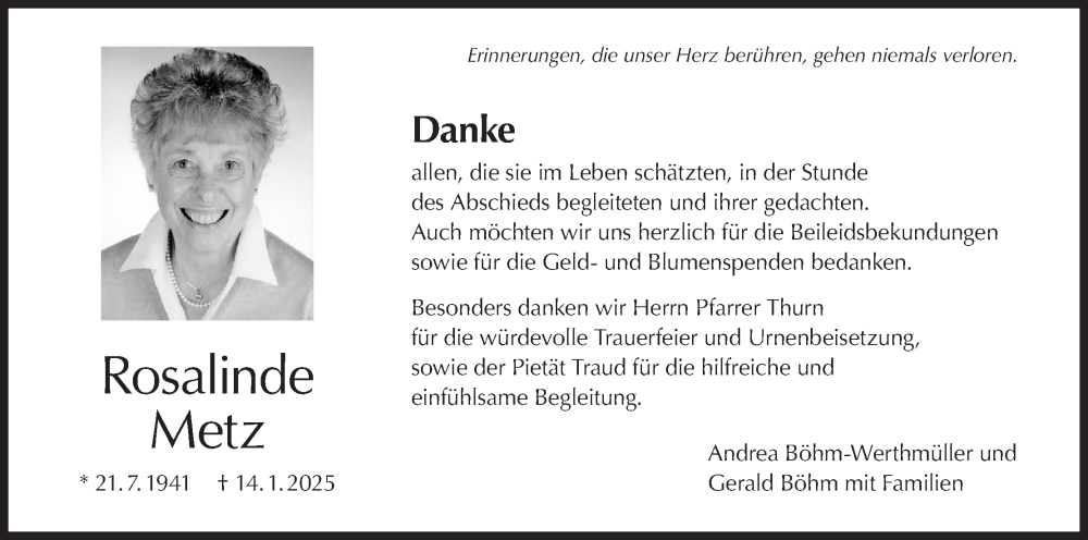  Traueranzeige für Rosalinde Metz vom 14.02.2025 aus MGO