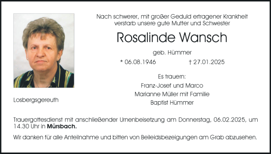 Anzeige von Rosalinde Wansch von MGO