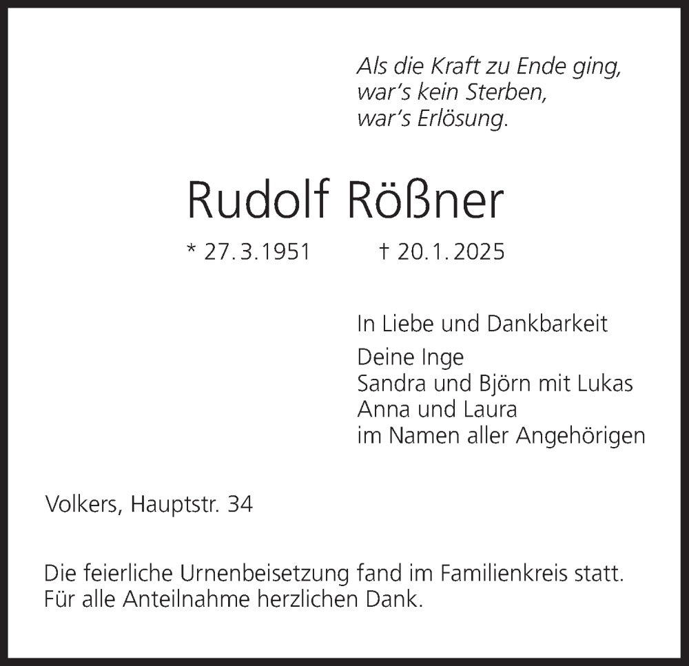  Traueranzeige für Rudolf Rößner vom 15.02.2025 aus MGO