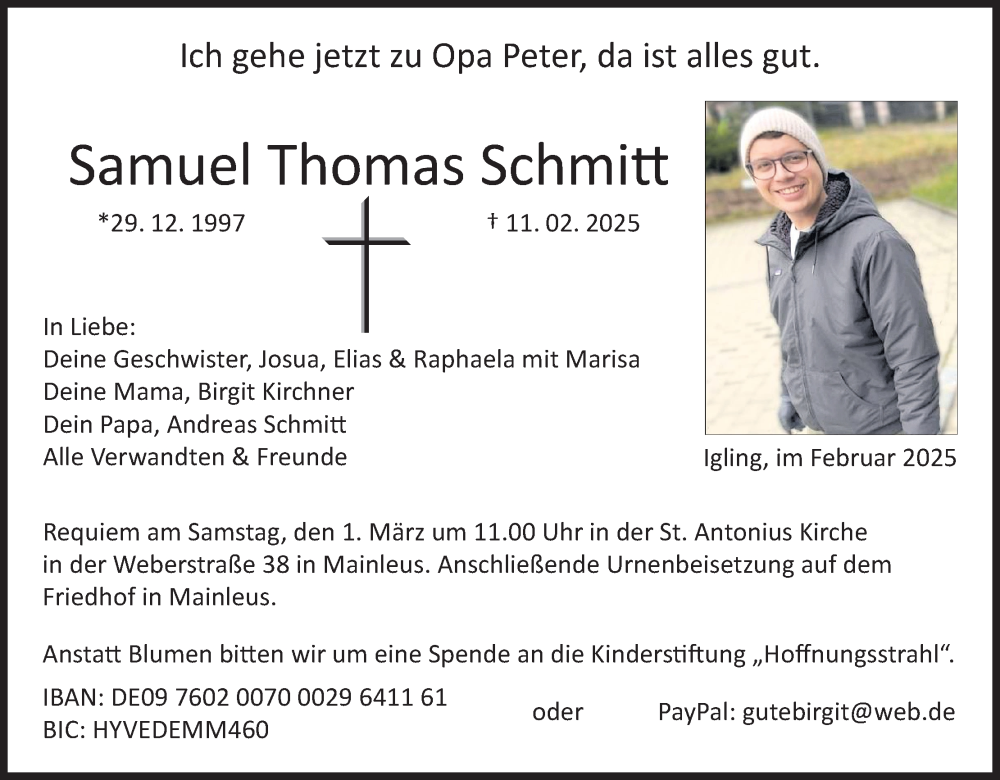  Traueranzeige für Samuel Thomas Schmitt vom 22.02.2025 aus MGO