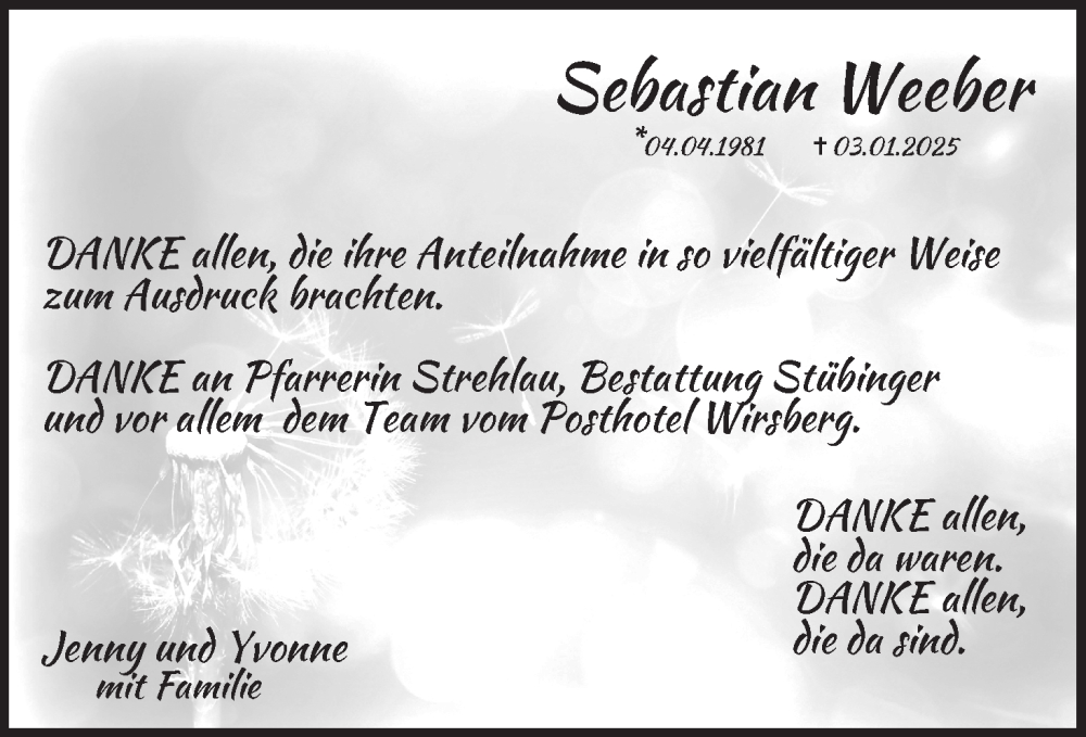  Traueranzeige für Sebastian Weeber vom 22.02.2025 aus MGO