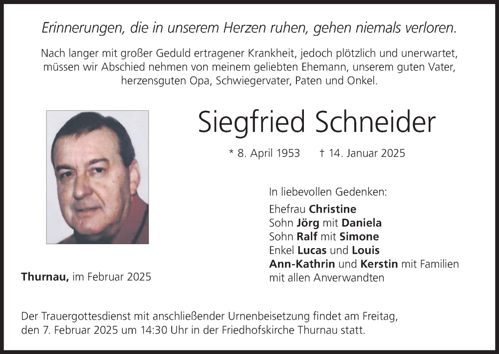  Traueranzeige für Siegfried Schneider vom 01.02.2025 aus MGO