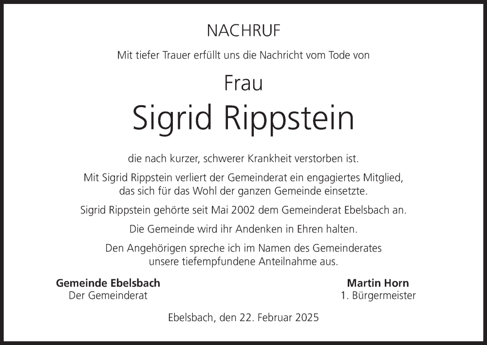  Traueranzeige für Sigrid Rippstein vom 22.02.2025 aus MGO