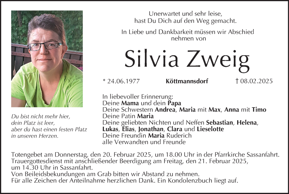  Traueranzeige für Silvia Zweig vom 15.02.2025 aus MGO