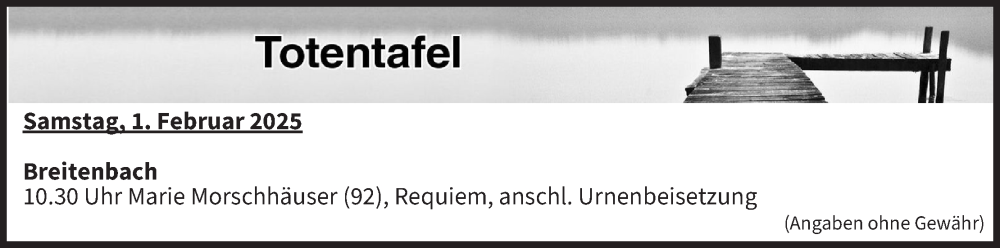  Traueranzeige für Totentafel vom 01.02.2025 vom 01.02.2025 aus MGO
