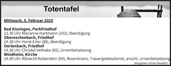 Anzeige von Totentafel vom 05.02.2025 von MGO