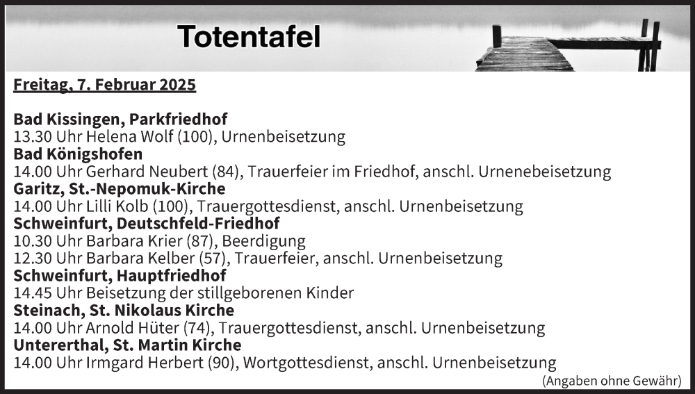  Traueranzeige für Totentafel vom 07.02.2025 vom 07.02.2025 aus MGO