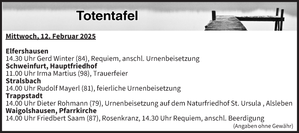  Traueranzeige für Totentafel vom 12.02.2025 vom 12.02.2025 aus MGO