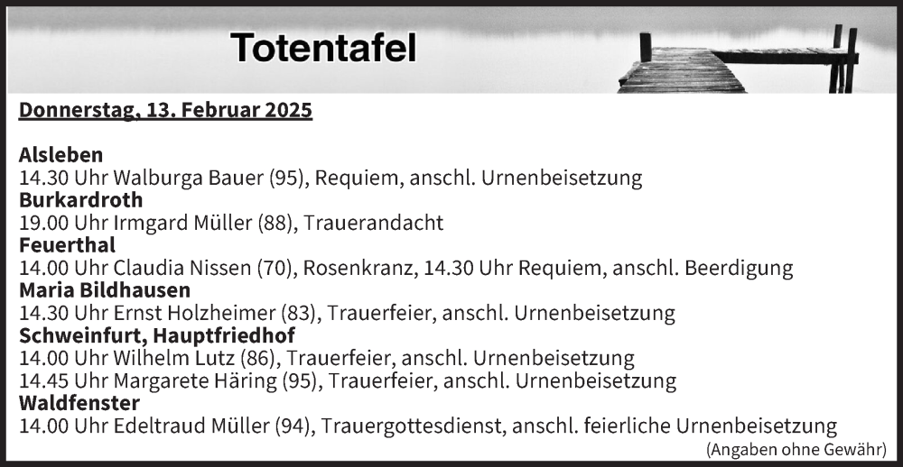  Traueranzeige für Totentafel vom 13.02.2025 vom 13.02.2025 aus MGO