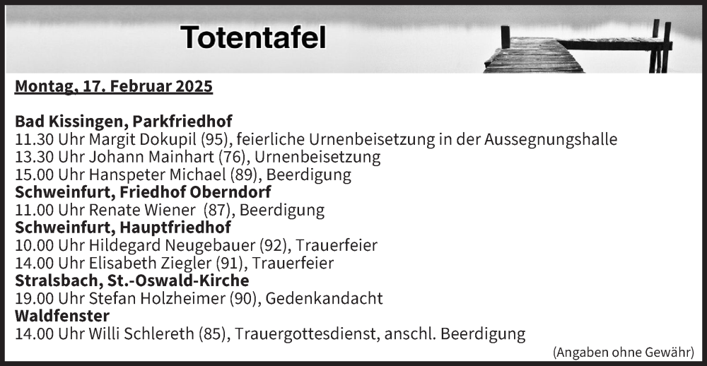 Traueranzeige für Totentafel vom 17.02.2025 vom 17.02.2025 aus MGO