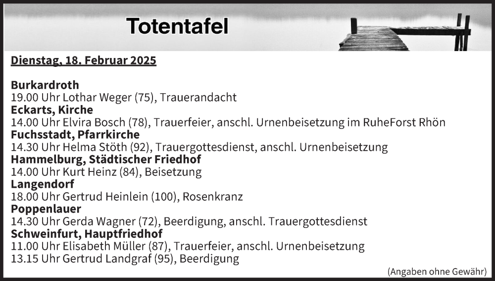  Traueranzeige für Totentafel vom 18.02.2025 vom 18.02.2025 aus MGO