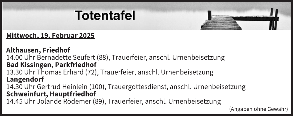  Traueranzeige für Totentafel vom 19.02.2025 vom 19.02.2025 aus MGO
