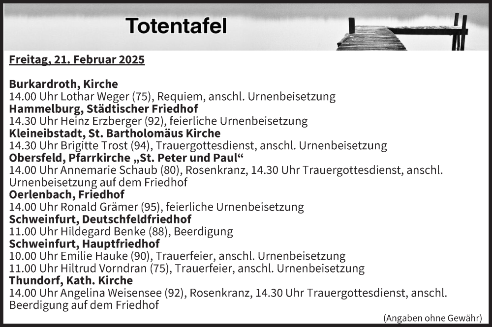  Traueranzeige für Totentafel vom 21.02.2025 vom 21.02.2025 aus MGO