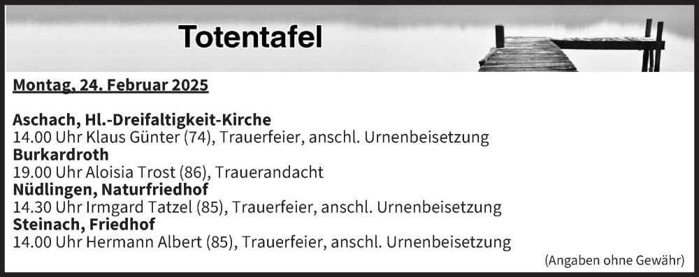 Traueranzeige für Totentafel vom 24.02.2025 vom 24.02.2025 aus MGO