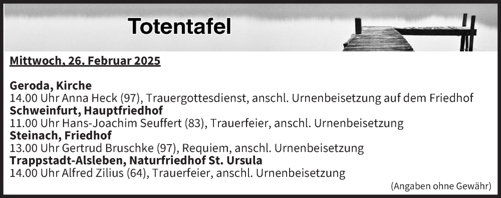  Traueranzeige für Totentafel vom 26.02.2025 vom 26.02.2025 aus MGO