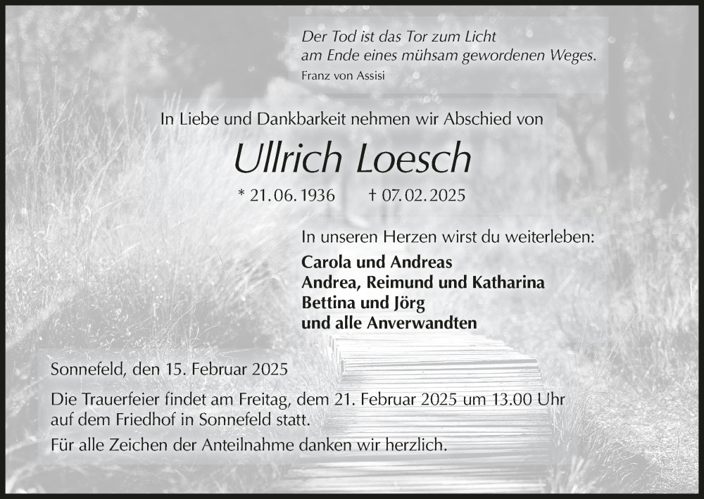  Traueranzeige für Ullrich Loesch vom 15.02.2025 aus MGO