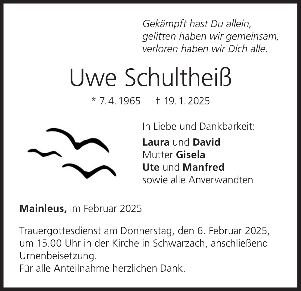  Traueranzeige für Uwe Schultheiß vom 01.02.2025 aus MGO