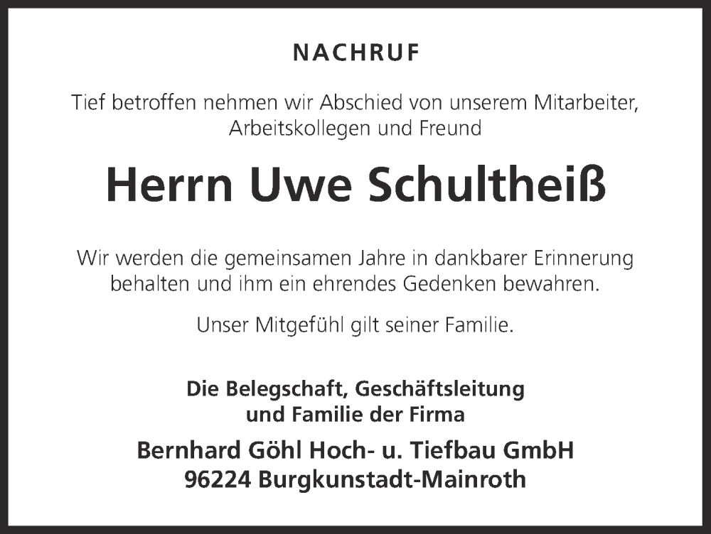  Traueranzeige für Uwe Schultheiß vom 08.02.2025 aus MGO