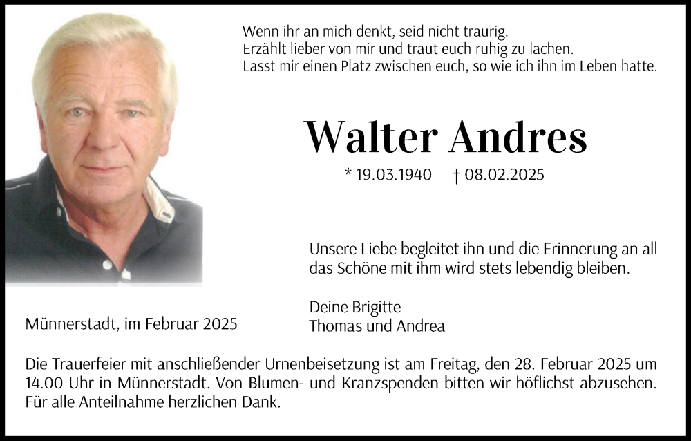  Traueranzeige für Walter Andres vom 22.02.2025 aus MGO
