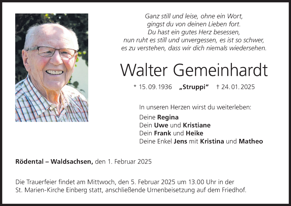  Traueranzeige für Walter Gemeinhardt vom 01.02.2025 aus MGO