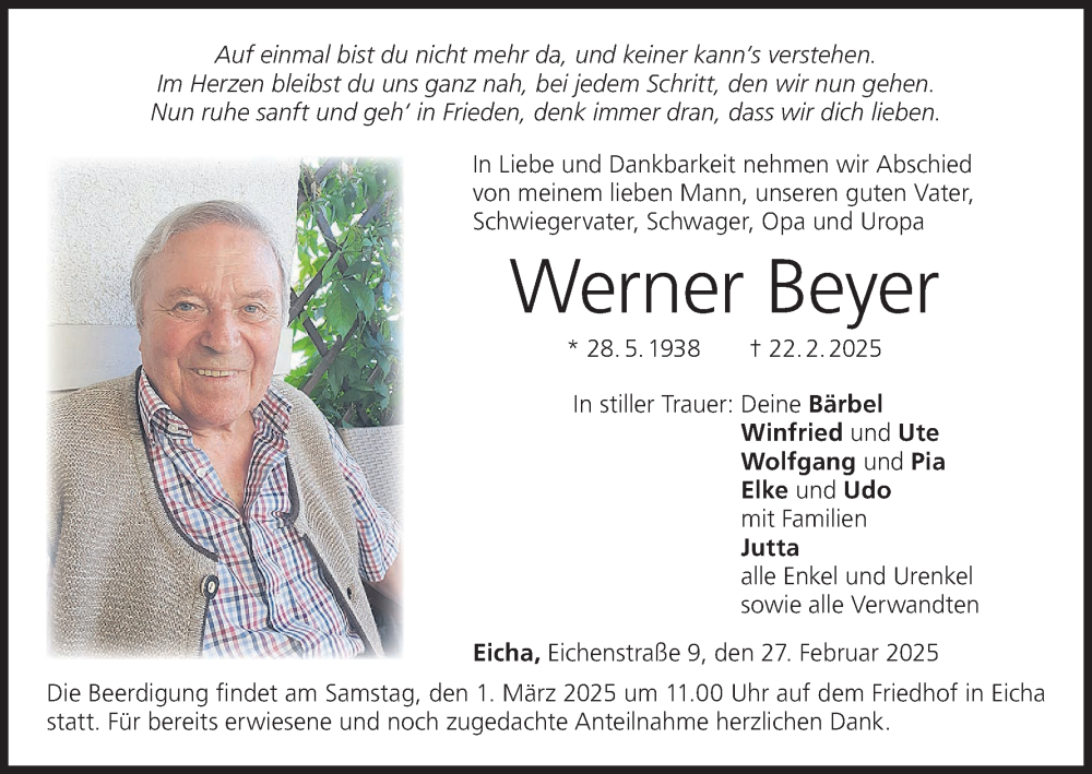  Traueranzeige für Werner Beyer vom 27.02.2025 aus MGO