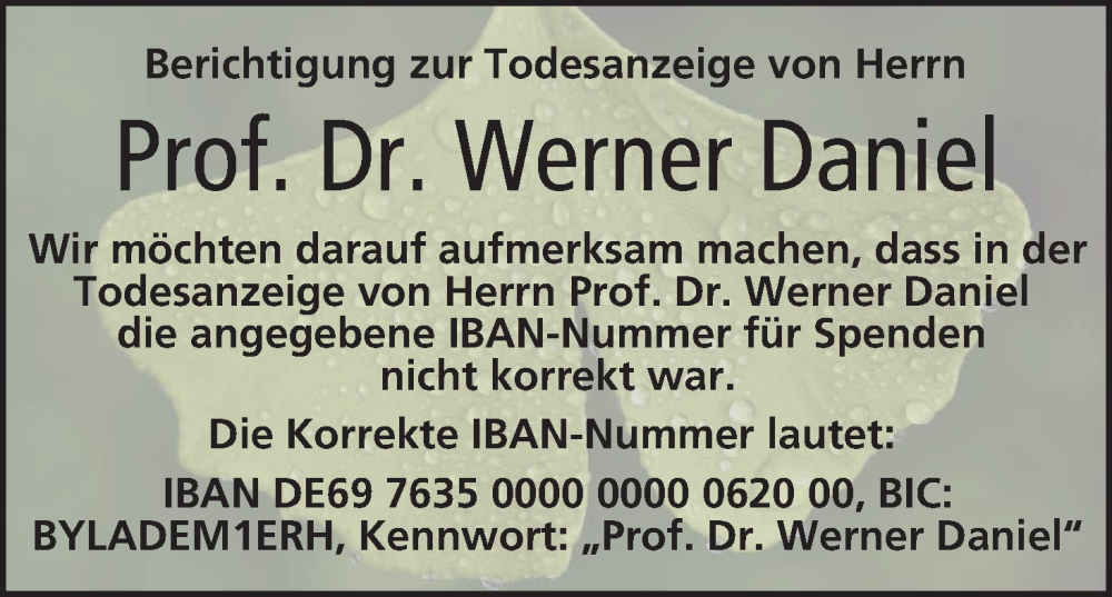  Traueranzeige für Werner Daniel vom 04.02.2025 aus MGO