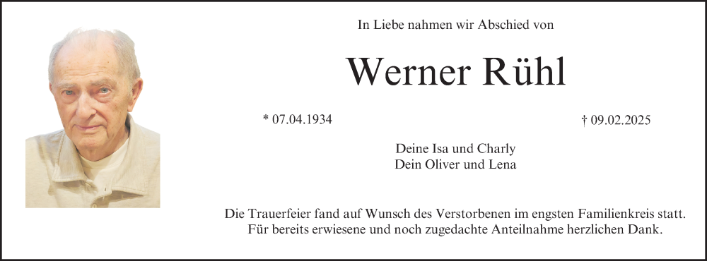  Traueranzeige für Werner Rühl vom 22.02.2025 aus MGO