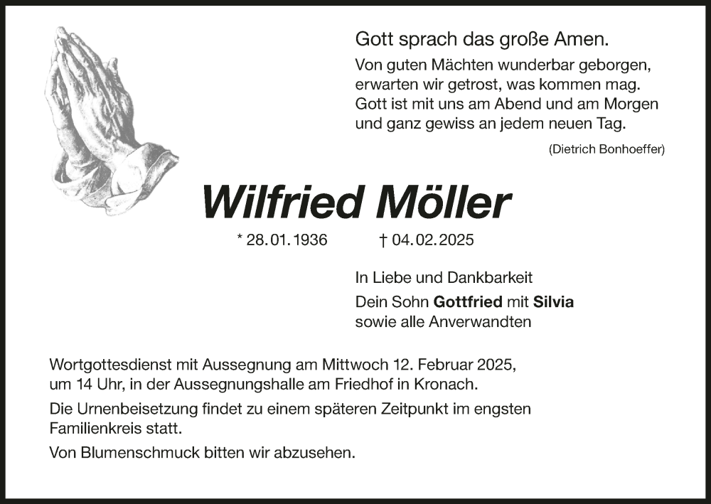  Traueranzeige für Wilfried Möller vom 08.02.2025 aus MGO