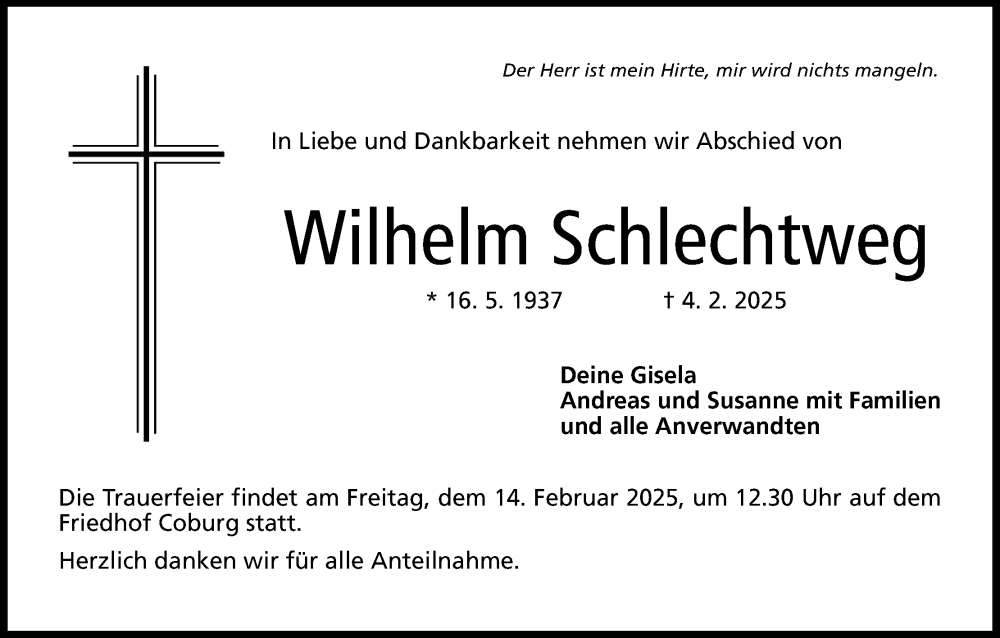  Traueranzeige für Wilhelm Schlechtweg vom 08.02.2025 aus MGO