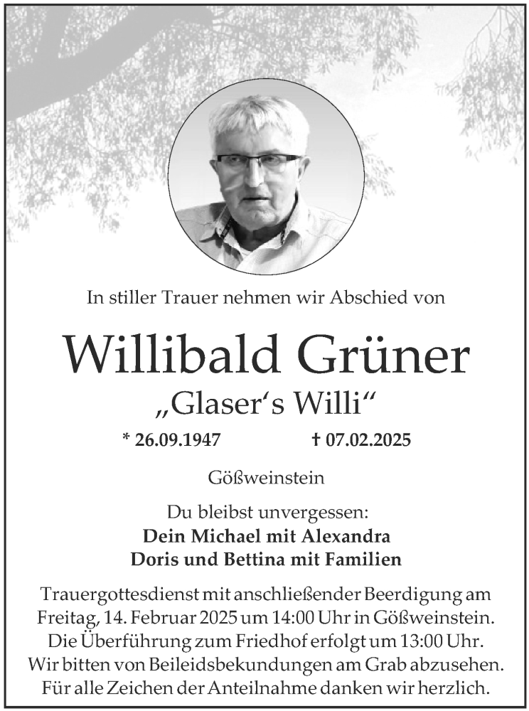  Traueranzeige für Willibald Grüner vom 11.02.2025 aus MGO