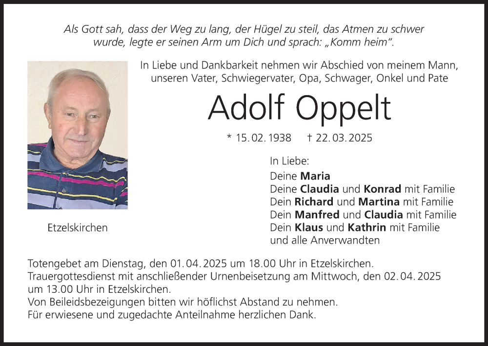  Traueranzeige für Adolf Oppelt vom 29.03.2025 aus MGO