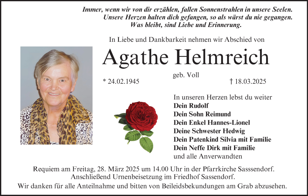  Traueranzeige für Agathe Helmreich vom 22.03.2025 aus MGO