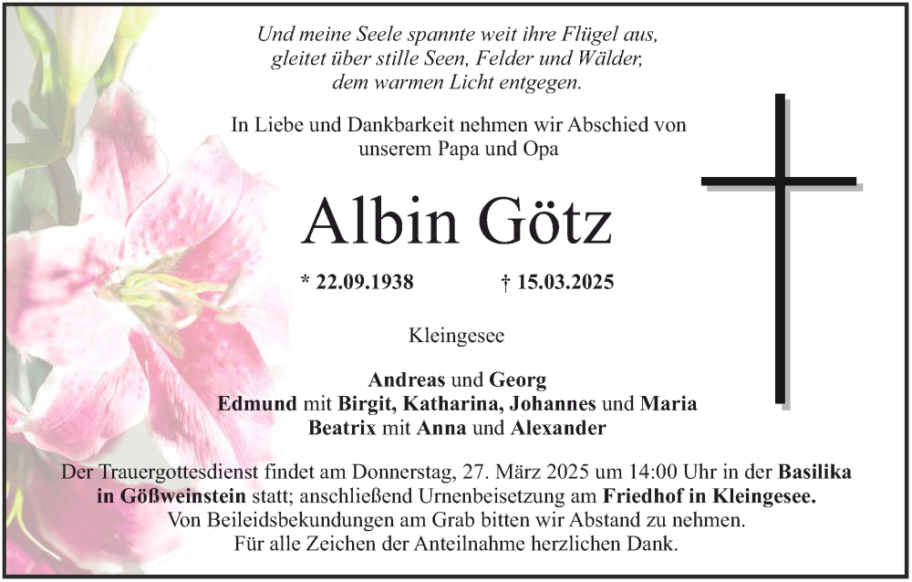  Traueranzeige für Albin Götz vom 22.03.2025 aus MGO