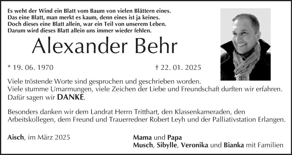  Traueranzeige für Alexander Behr vom 01.03.2025 aus MGO