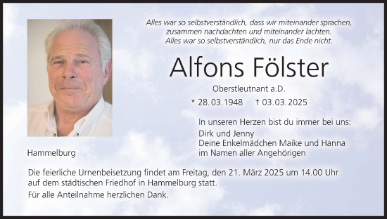 Anzeige von Alfons Fölster von MGO