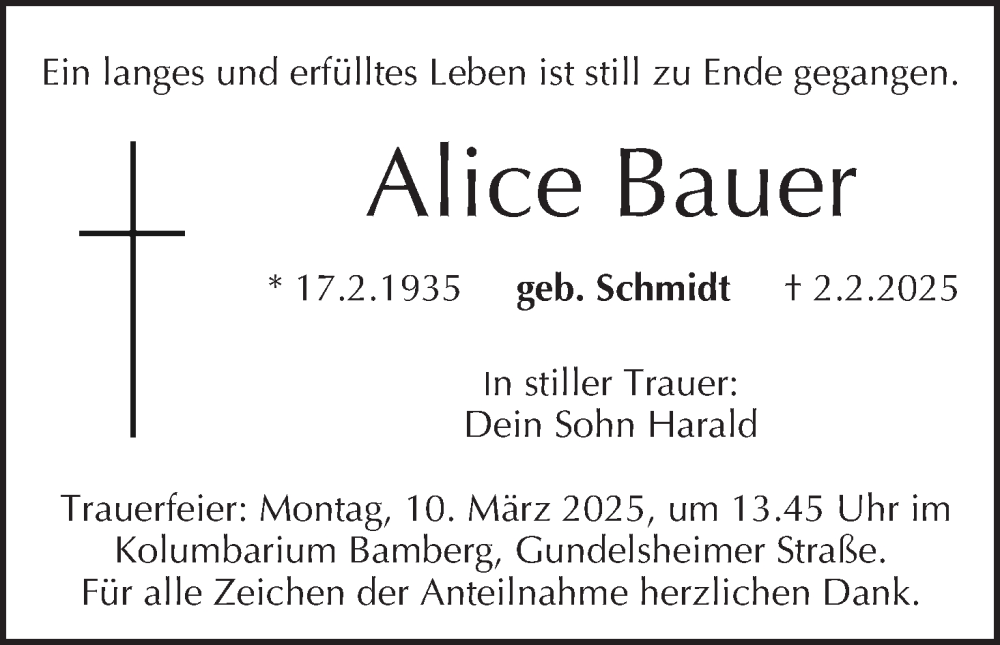  Traueranzeige für Alice Bauer vom 01.03.2025 aus MGO