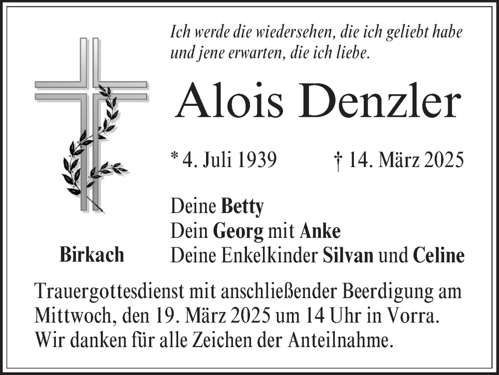  Traueranzeige für Alois Denzler vom 18.03.2025 aus MGO