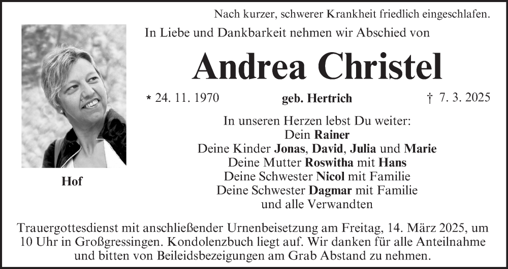  Traueranzeige für Andrea Christel vom 12.03.2025 aus MGO