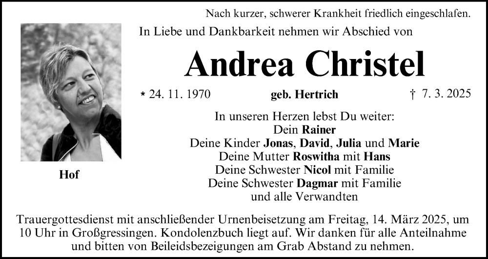  Traueranzeige für Andrea Christel vom 13.03.2025 aus MGO