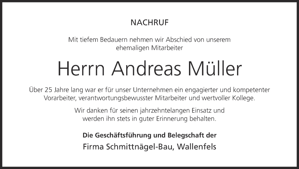  Traueranzeige für Andreas Müller vom 08.03.2025 aus MGO