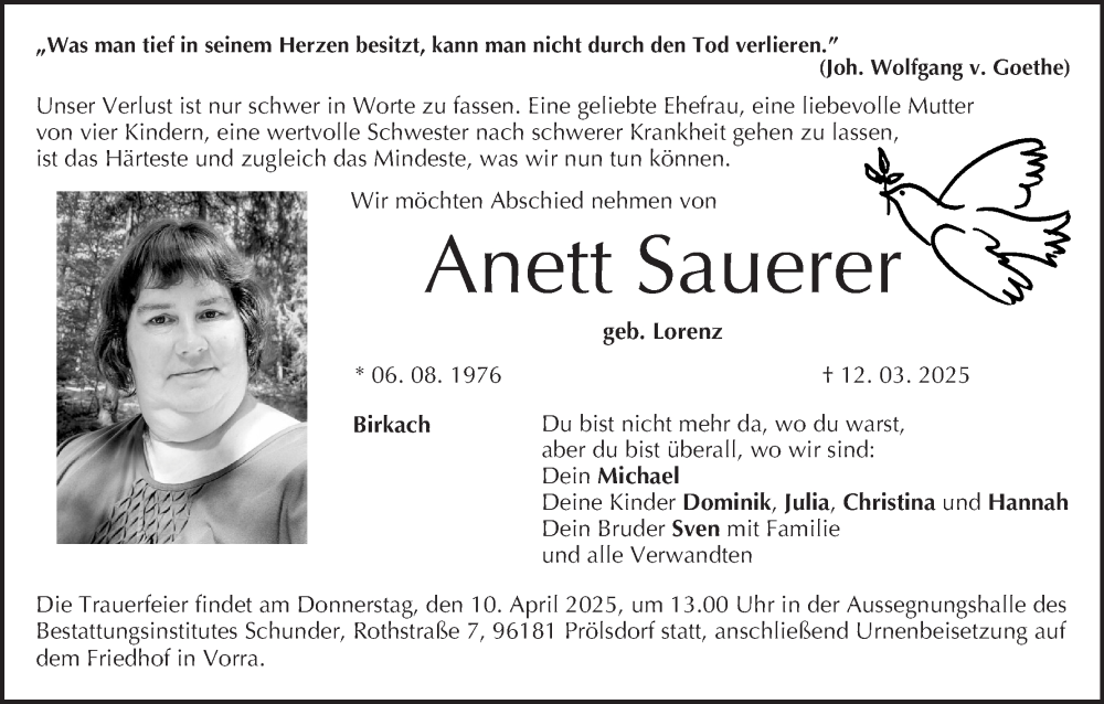  Traueranzeige für Anett Sauerer vom 22.03.2025 aus MGO