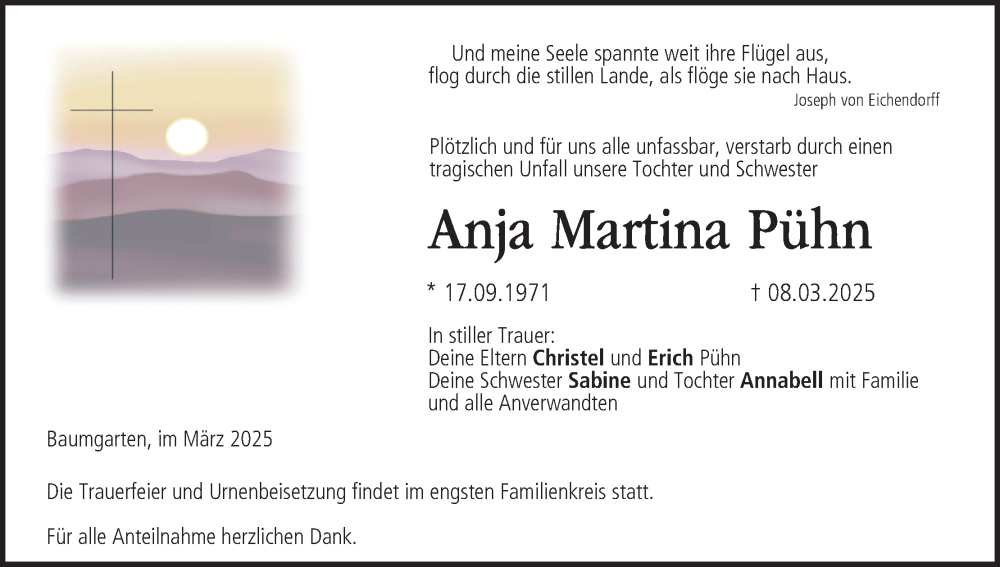  Traueranzeige für Anja Martina Pühn vom 22.03.2025 aus MGO