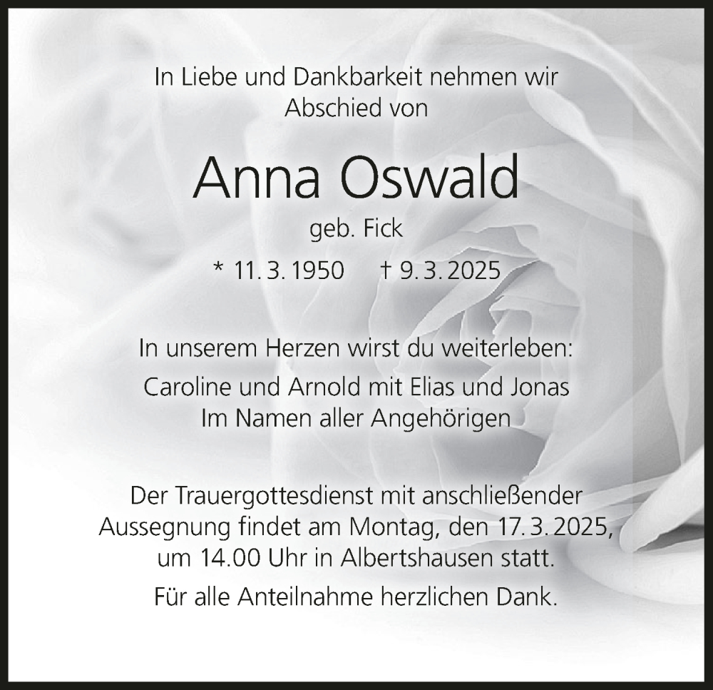  Traueranzeige für Anna Oswald vom 15.03.2025 aus MGO