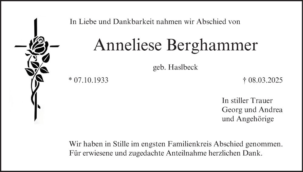  Traueranzeige für Anneliese Berghammer vom 29.03.2025 aus MGO
