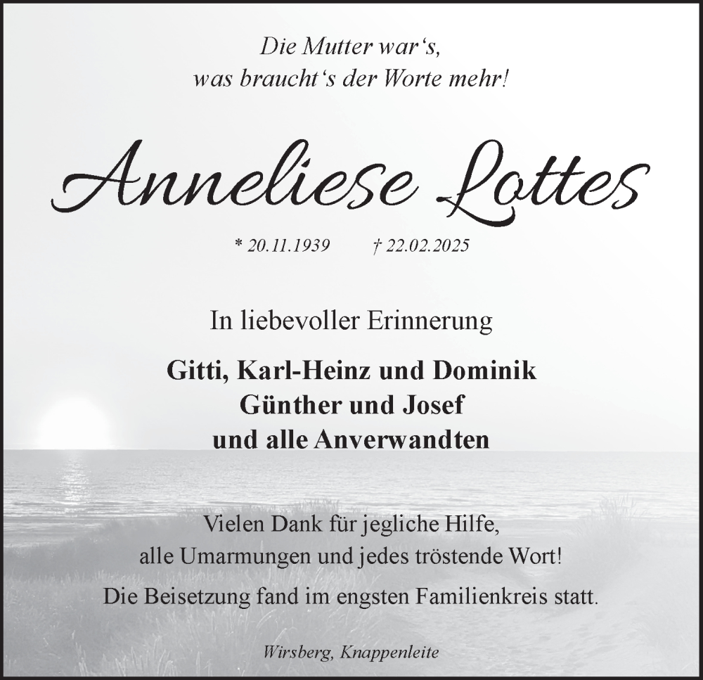  Traueranzeige für Anneliese Lottes vom 15.03.2025 aus MGO