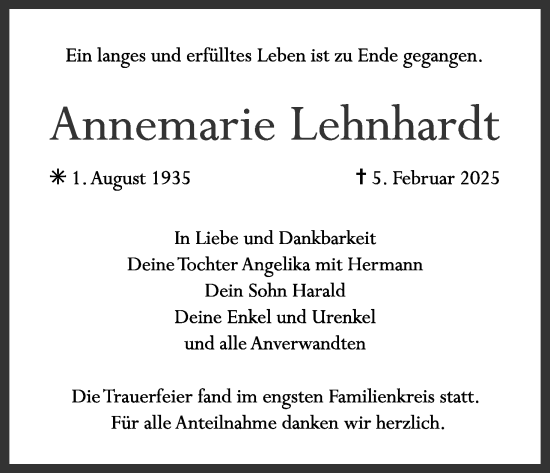 Anzeige von Annemarie Lehnhardt von MGO